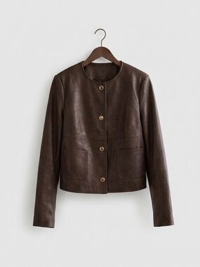Michael Kors Dark Brown Cropped Leather Jacket with Gold Buttons